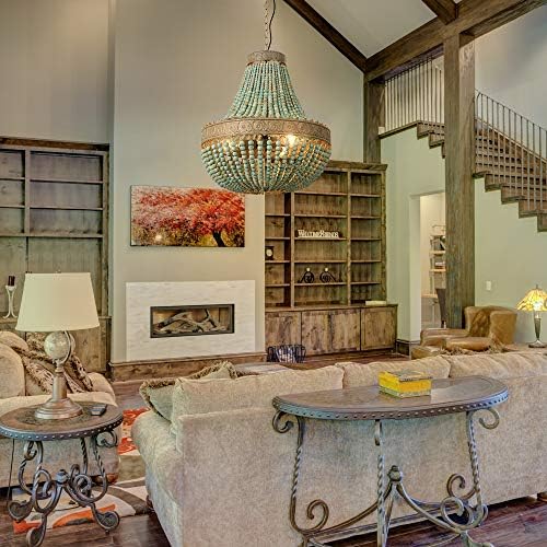 Wood Bead Chandelier – Gray Blue Boho Pendant Light Fixture