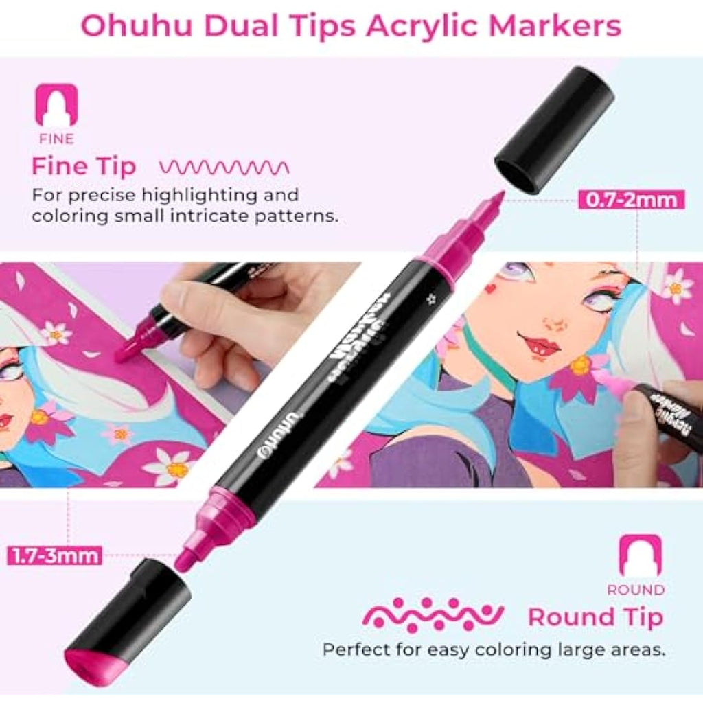 Ohuhu 30 Colors Dual Tip Acrylic Paint Pens | Waterproof Markers for Rock Art
