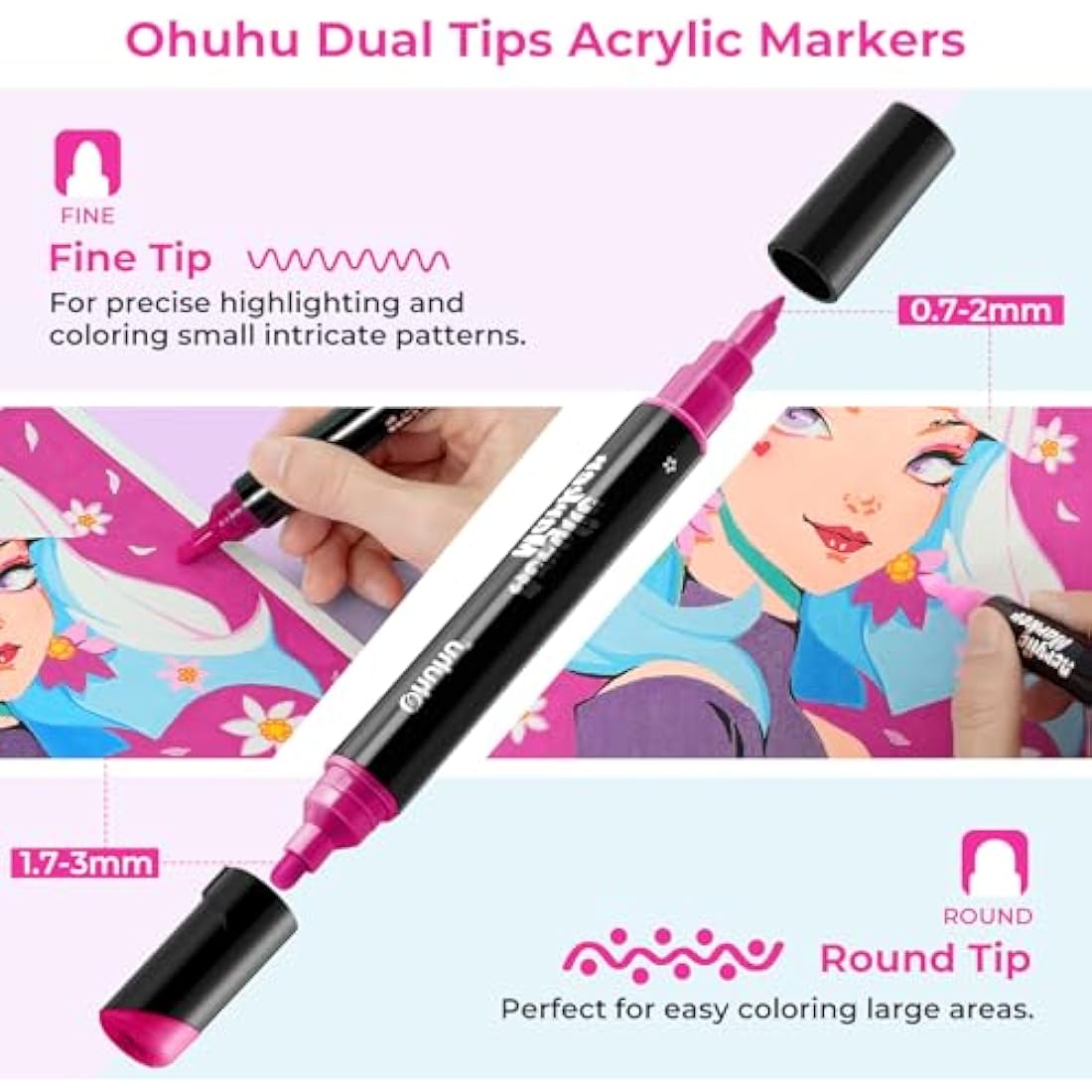 Ohuhu 30 Colors Dual Tip Acrylic Paint Pens | Waterproof Markers for Rock Art