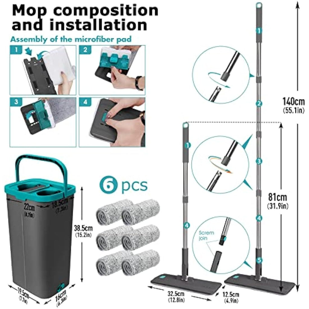 Jolof Store Mop and Bucket Set | 360° Swivel Mop with 6 Microfiber Pads