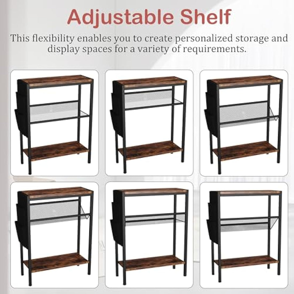 Yusong Narrow Side Table – 3-Tier Slim End Table with Storage, Rustic Brown