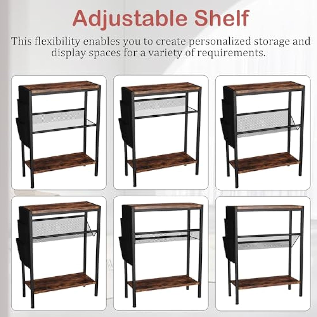 Yusong Narrow Side Table – 3-Tier Slim End Table with Storage, Rustic Brown