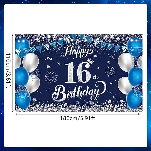 16th Birthday Banner - Navy Blue & Silver Party Backdrop