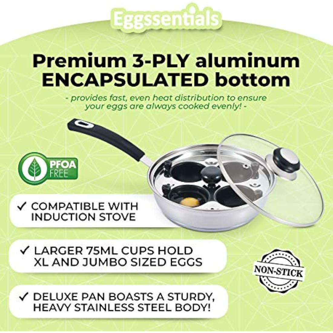 Eggssentials 4-Cup Egg Poacher Pan – Nonstick Stainless Steel Induction
