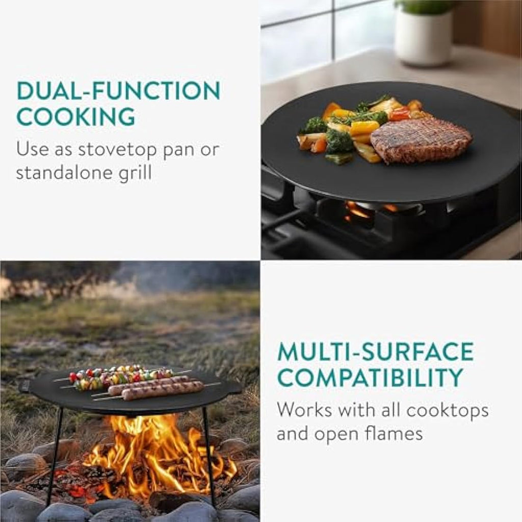 Navaris Cast Iron Griddle – 34cm Pre-Seasoned Portable Camping Grill