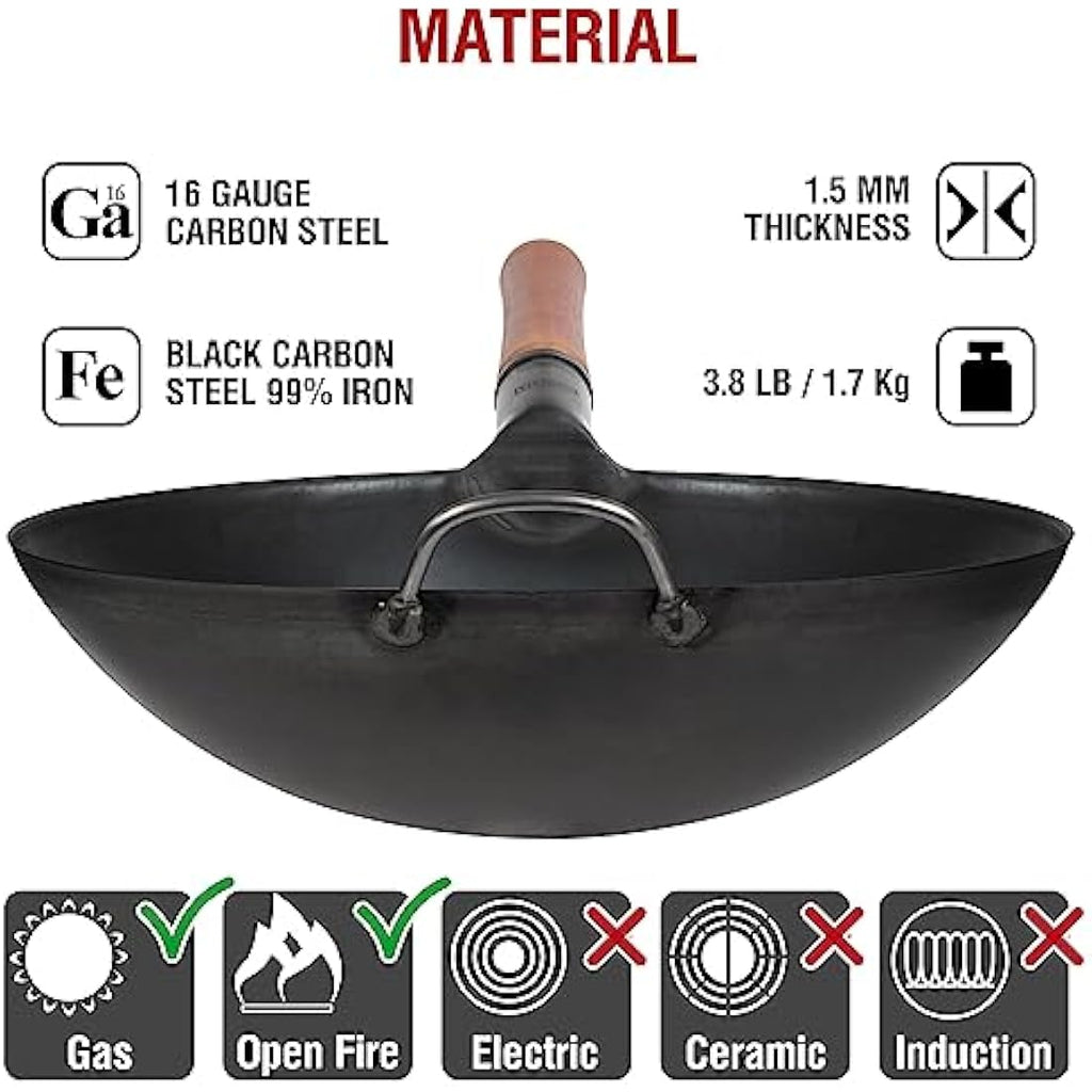 Yosukata 14" Carbon Steel Wok – Round Bottom Pre-Seasoned Chinese Pan