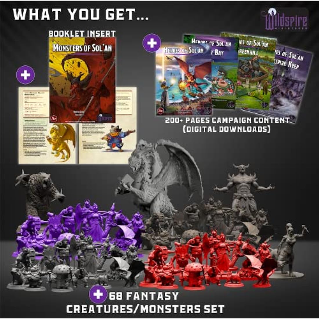 Wildspire Fantasy DND Miniatures - 68 Unpainted Bulk Figures with Dragon