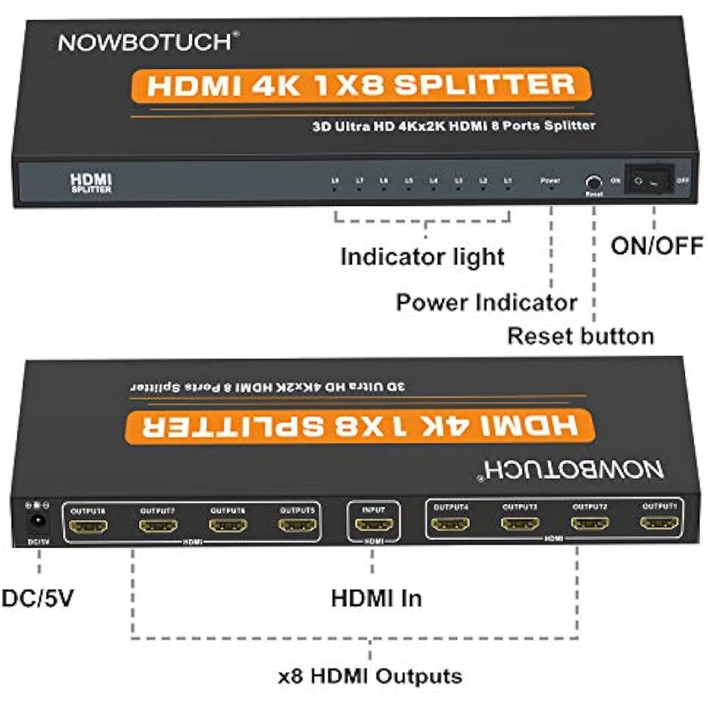 NOWBOTUCH 1x8 HDMI Splitter – 4K 1080P 1 in 8 Out Powered Metal Switch