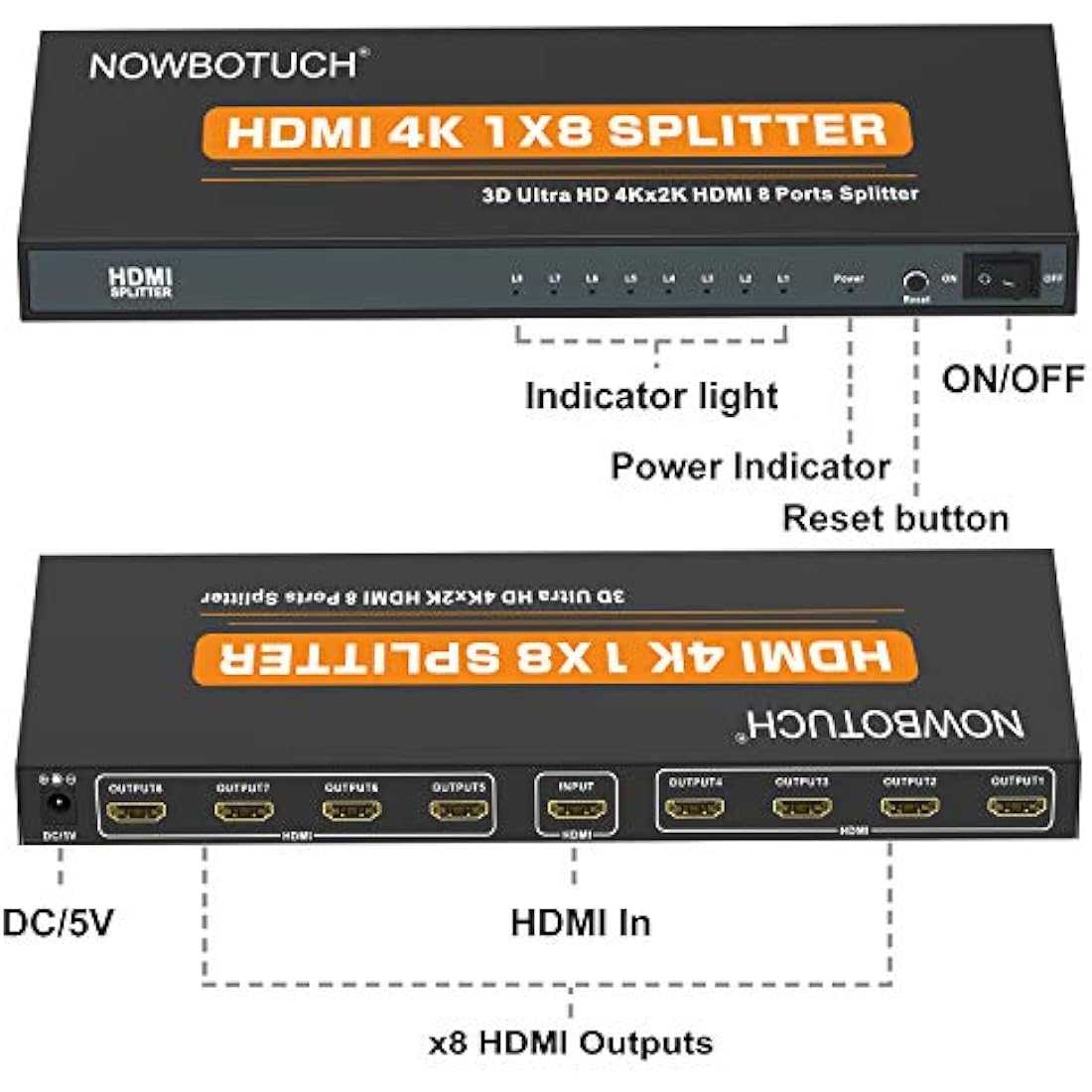 NOWBOTUCH 1x8 HDMI Splitter – 4K 1080P 1 in 8 Out Powered Metal Switch