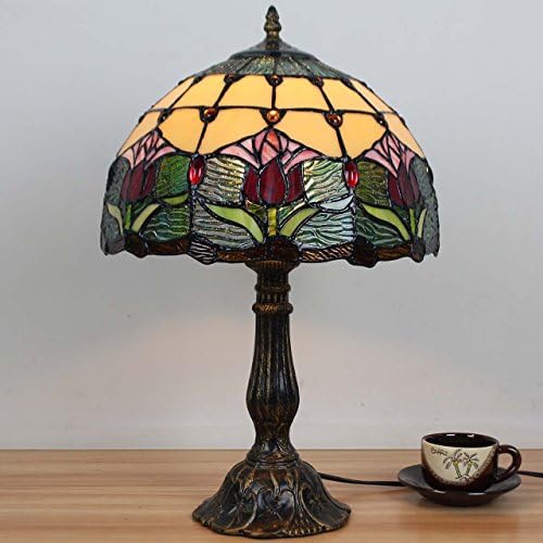 Bieye Tulip Flower Stained Glass Tiffany Style Table Lamp - 12 Inch Shade