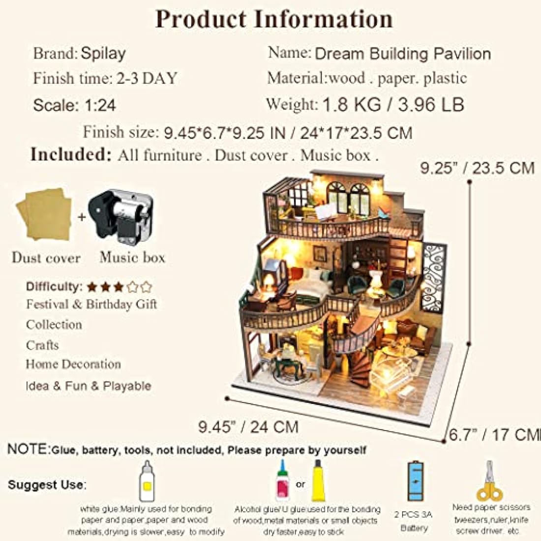 Spilay DIY Miniature Dollhouse Kit: Dream Building Pavilion with Music Box
