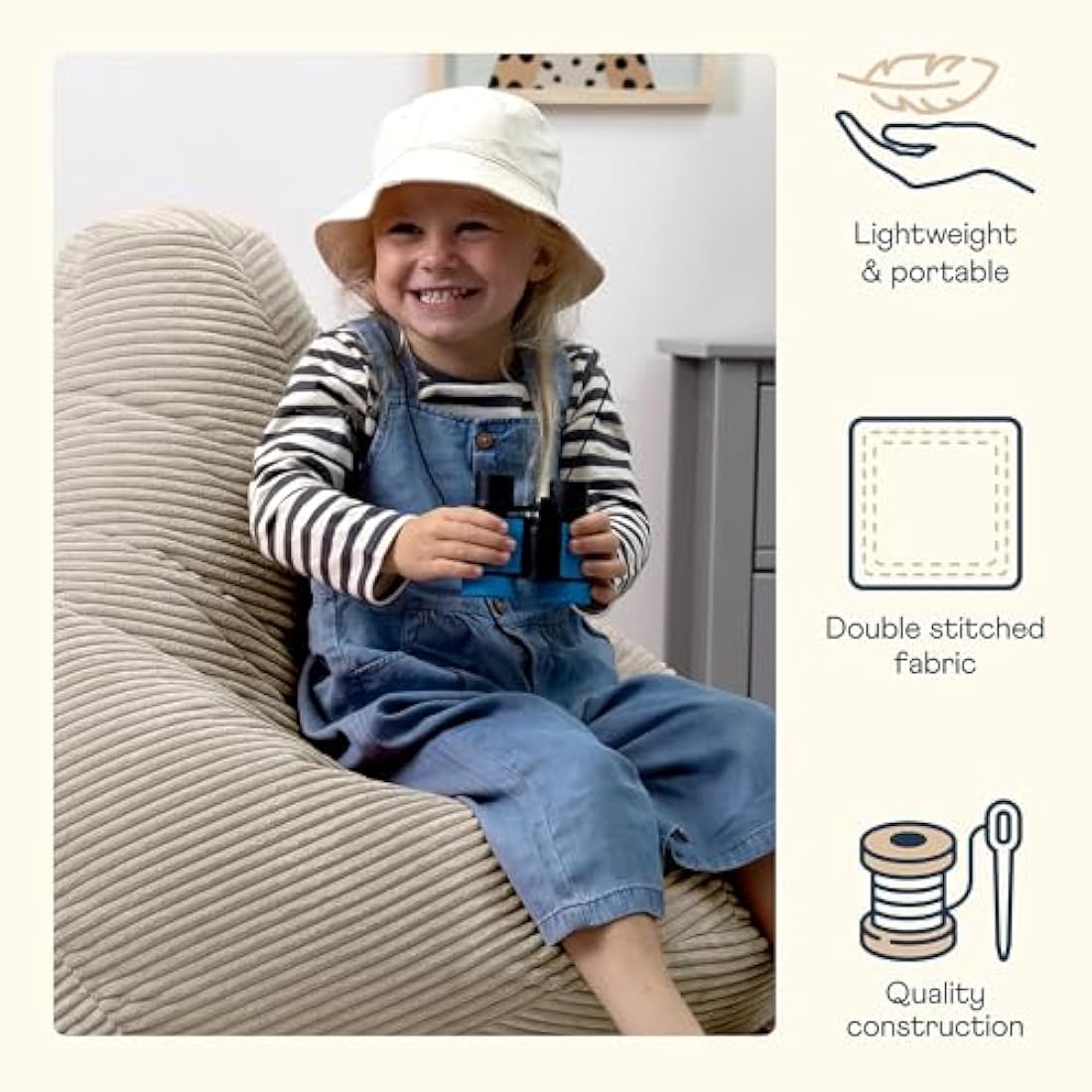 icon Dalton Kids Corduroy Bean Bag Chair – Beige Supportive Recliner