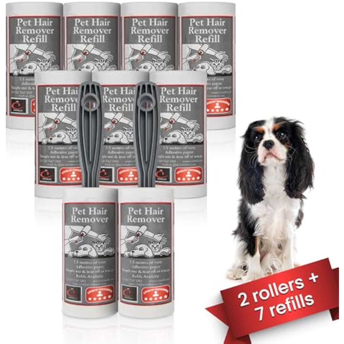 Caraselle Pet Hair & Lint Roller Set - 2 Rollers + 7 Refills, 7.5m Adhesive