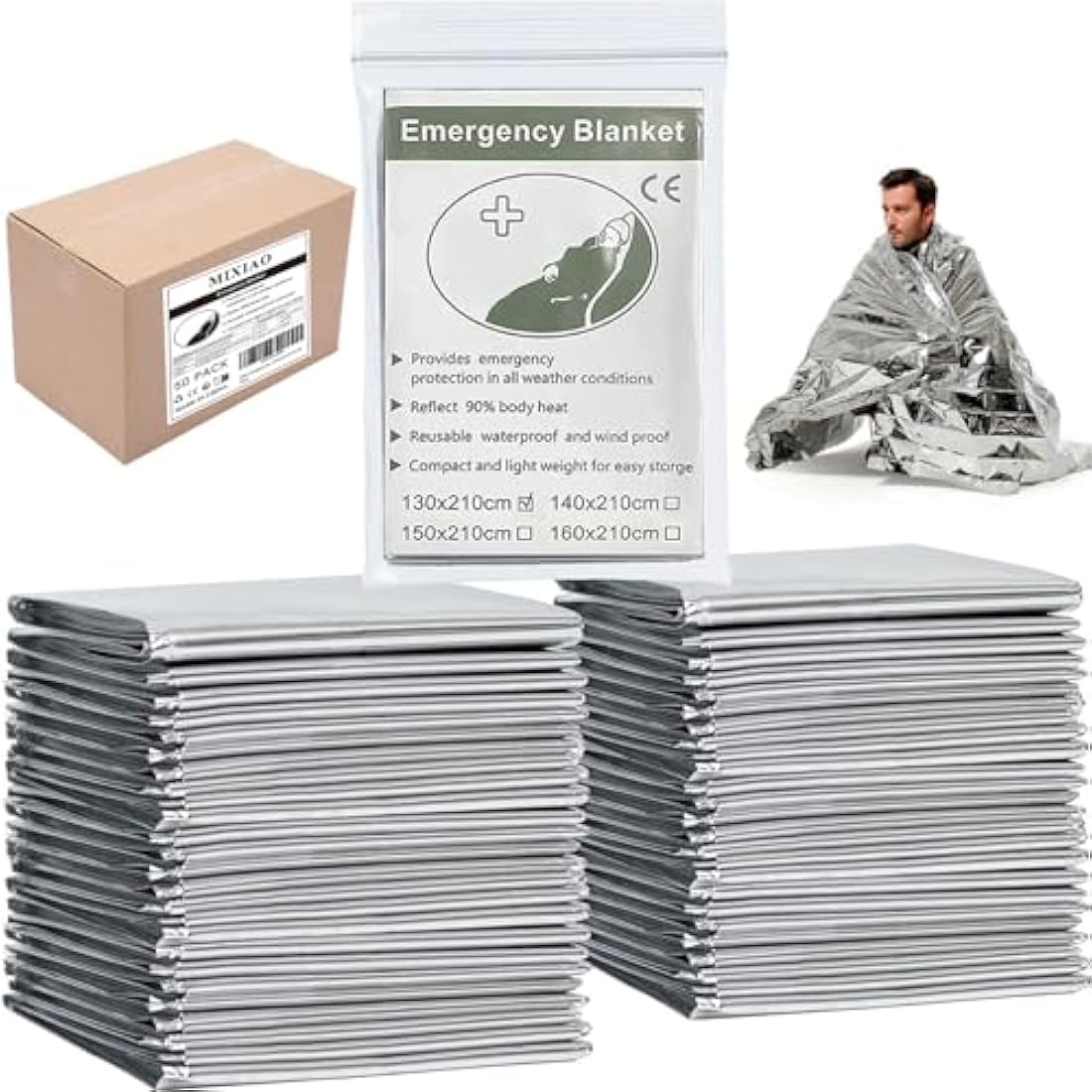 MIXIAO Emergency Mylar Thermal Blankets - 50 Pack Survival Gear