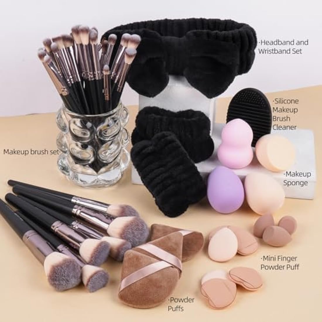 MAANGE 51-Piece Makeup Brush Set with Sponges and Puffs | Black Gold