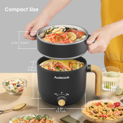 Audecook Electric Hot Pot with Steamer – 1.5L Portable Non-Stick Cooker