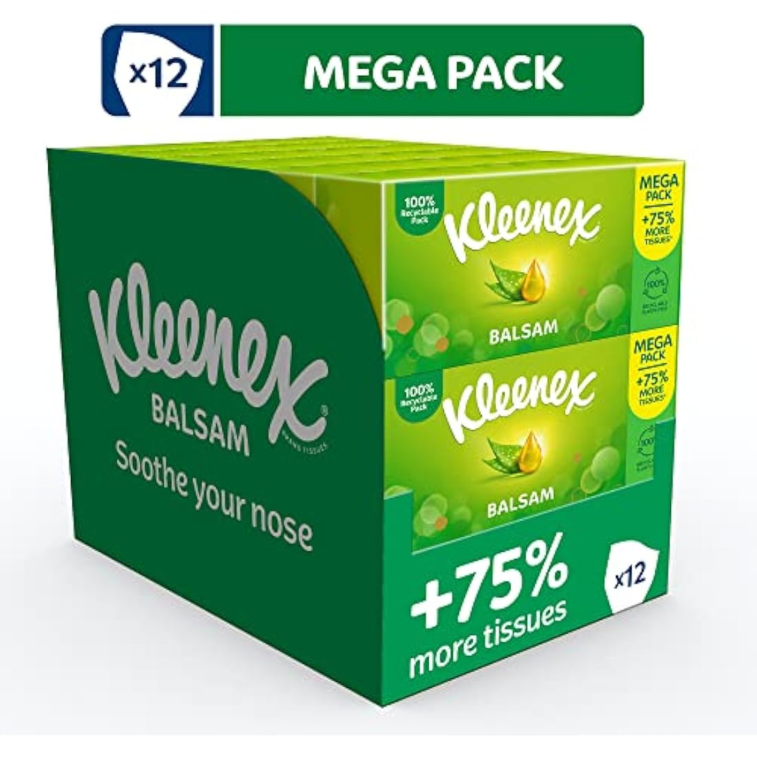 Kleenex Balsam Facial Tissues | Soothing Aloe Vera & Vitamin E | 12 Boxes
