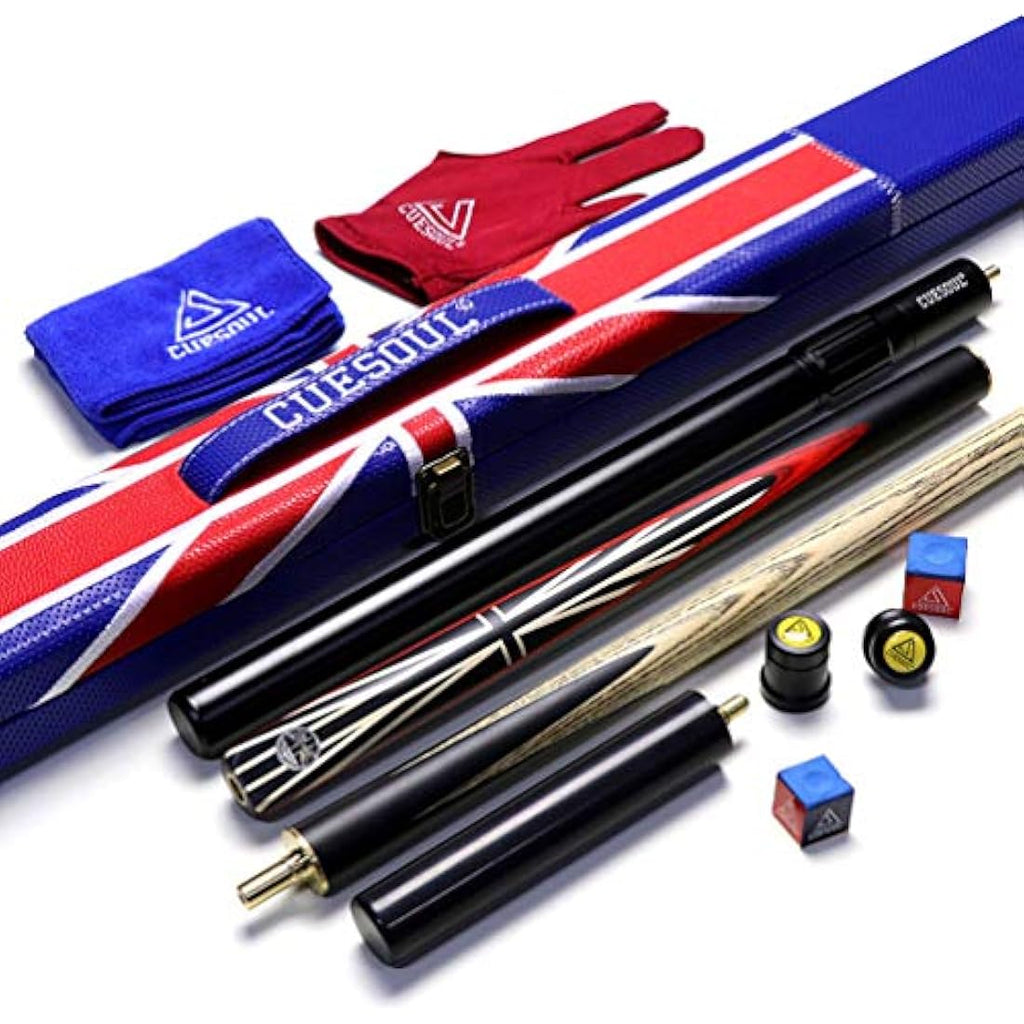 CUESOUL 57" Ebony Snooker Cue | 3/4 Jointed Ash Shaft with Union Jack Case