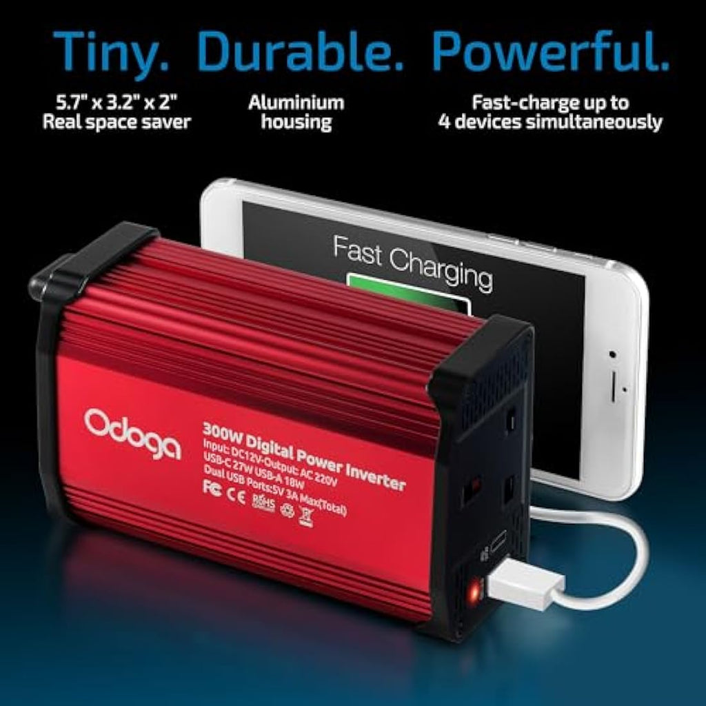 Odoga 300W Car Power Inverter | 12V to 240V Converter with USB-C & USB-A