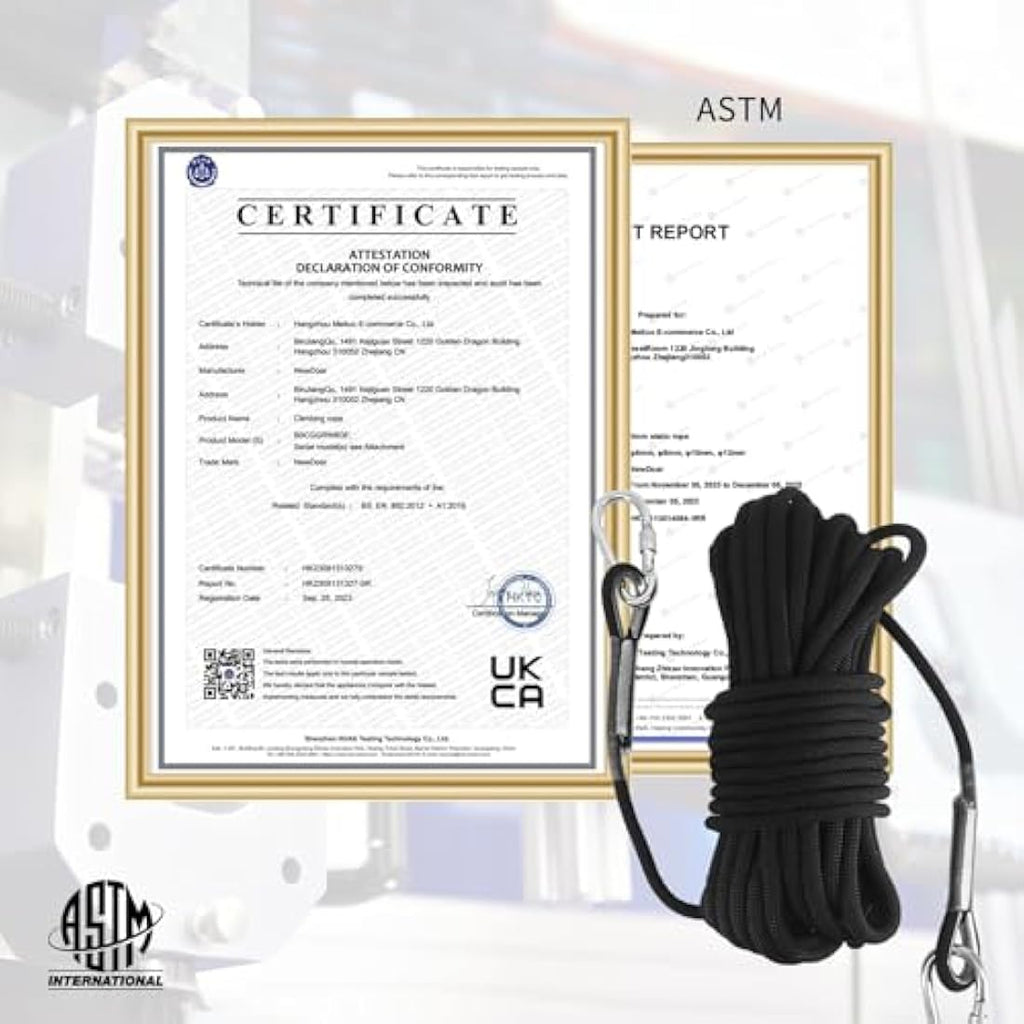 NewDoar 10mm Static Climbing Rope – 18KN Safety Cord with 2 Carabiners