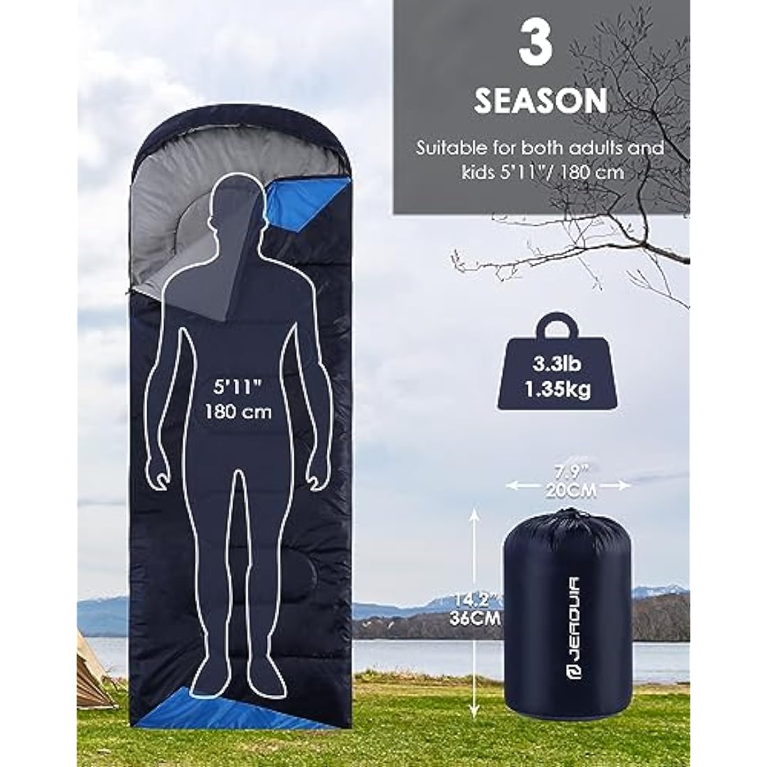 3-Season Sleeping Bag – Lightweight Waterproof Backpacking