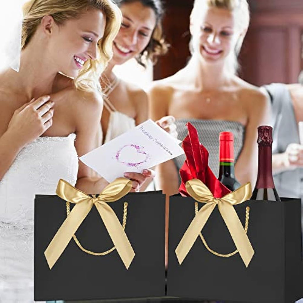 Luxury Paper Gift Bags with Gold Ribbon - 10 Pack, Black