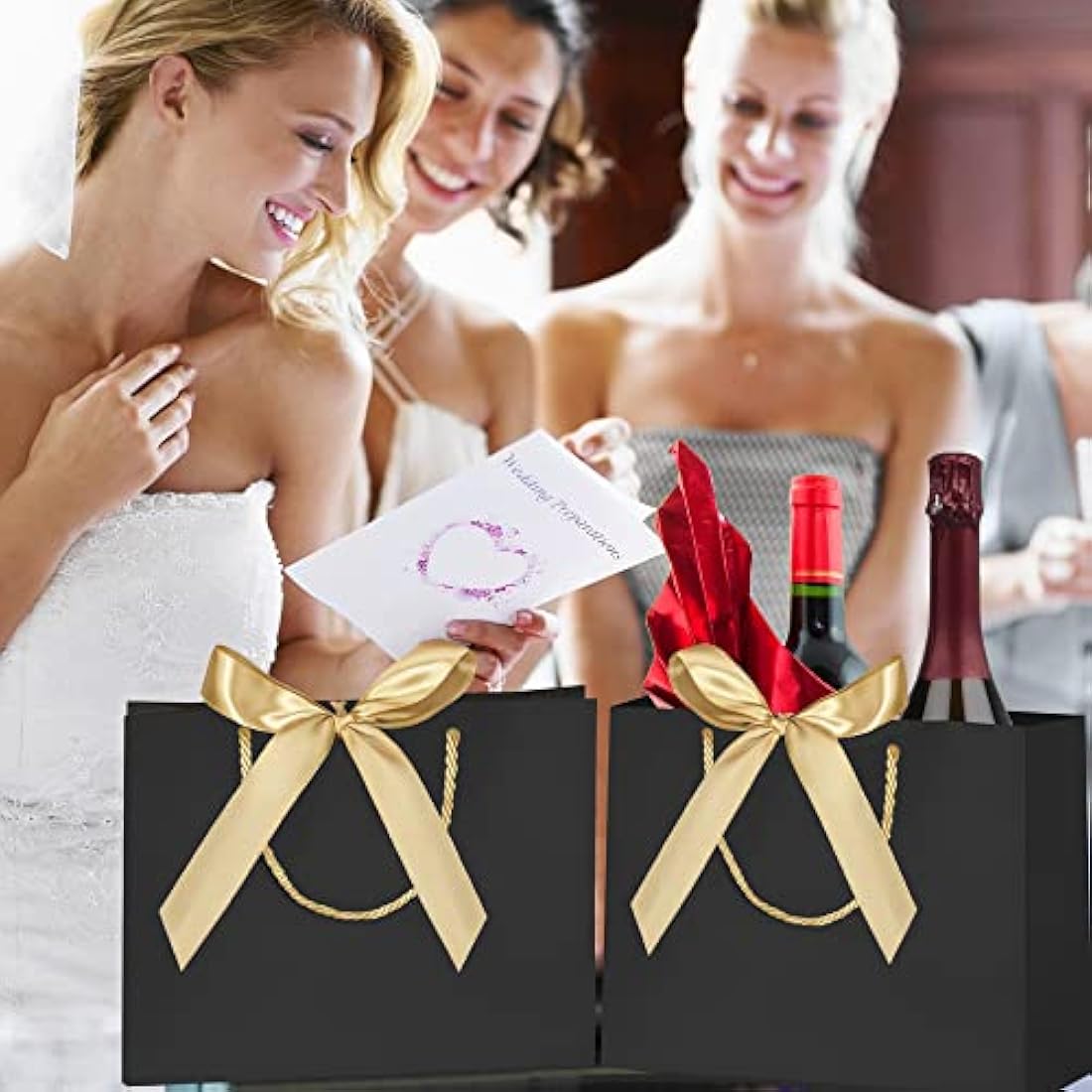 Luxury Paper Gift Bags with Gold Ribbon - 10 Pack, Black