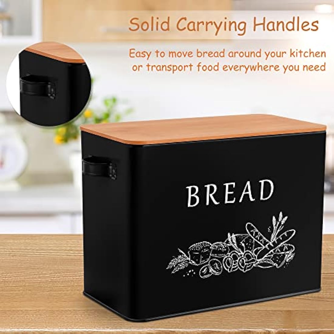 Joyfair Metal Bread Bin with Bamboo Cutting Board Lid – Large Black Box