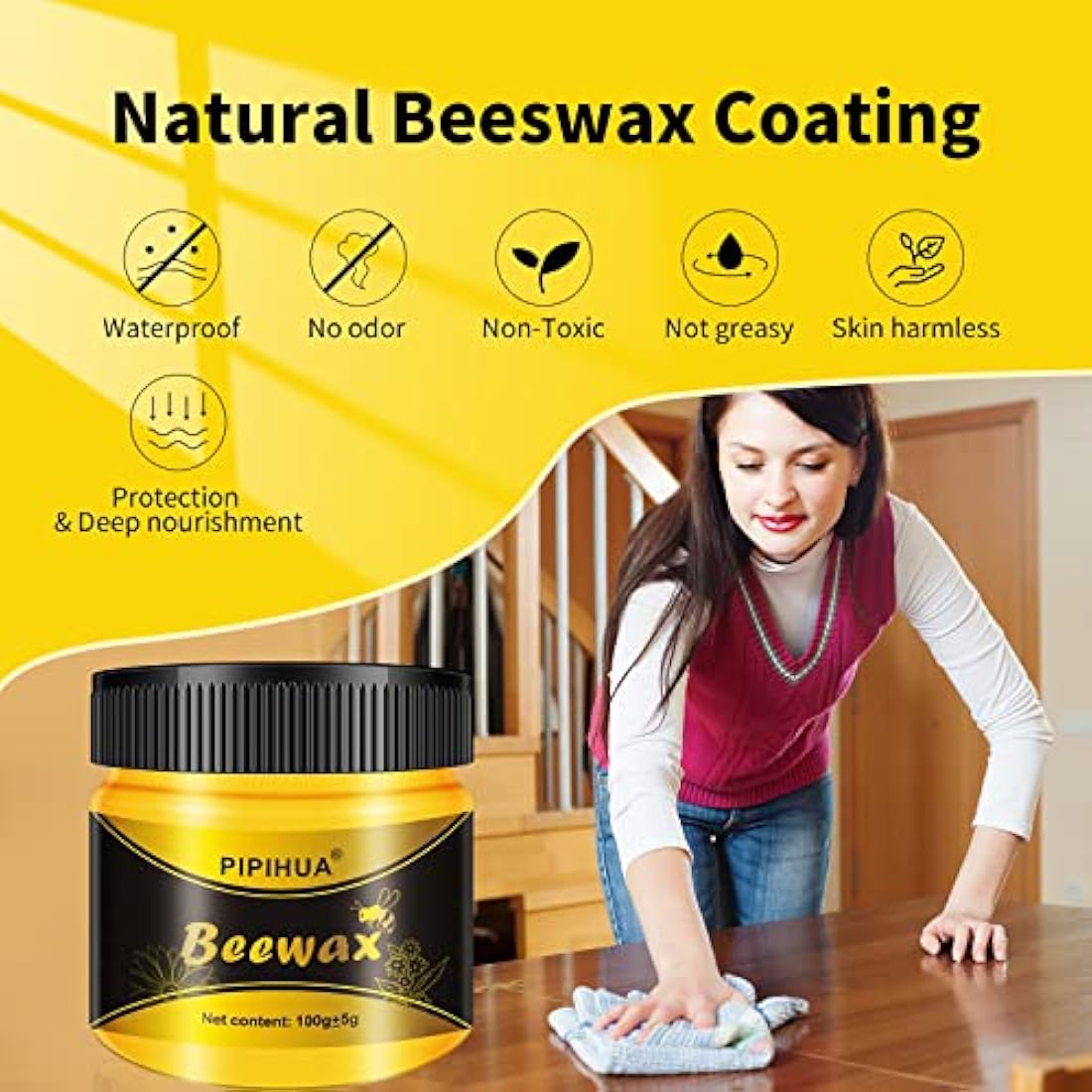 PIPIHUA Natural Beeswax Wood Polish - 4x100g Furniture Wax with 8 Sponges