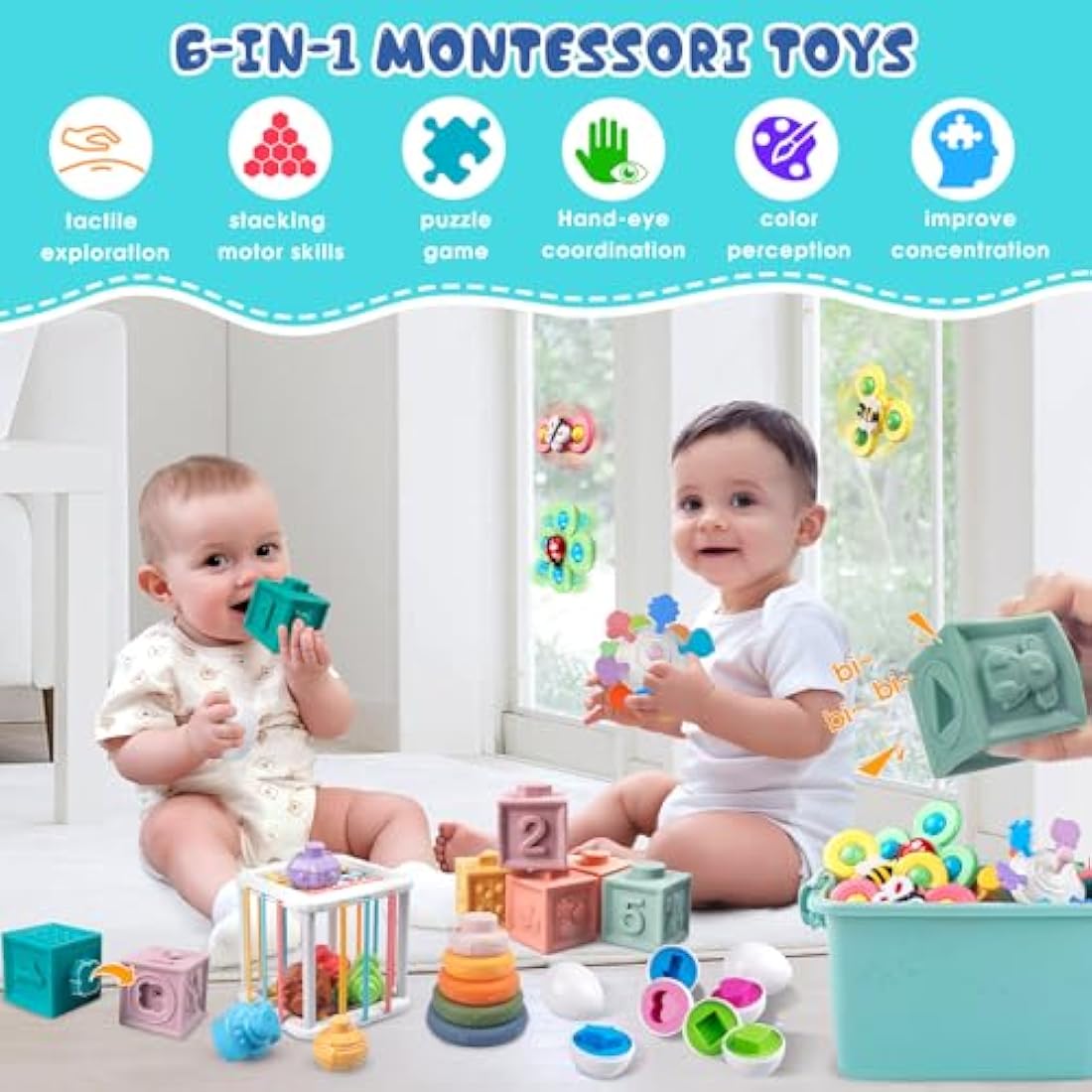 Plunack 6-in-1 Montessori Baby Toys | 28pc Sensory Stacking Set