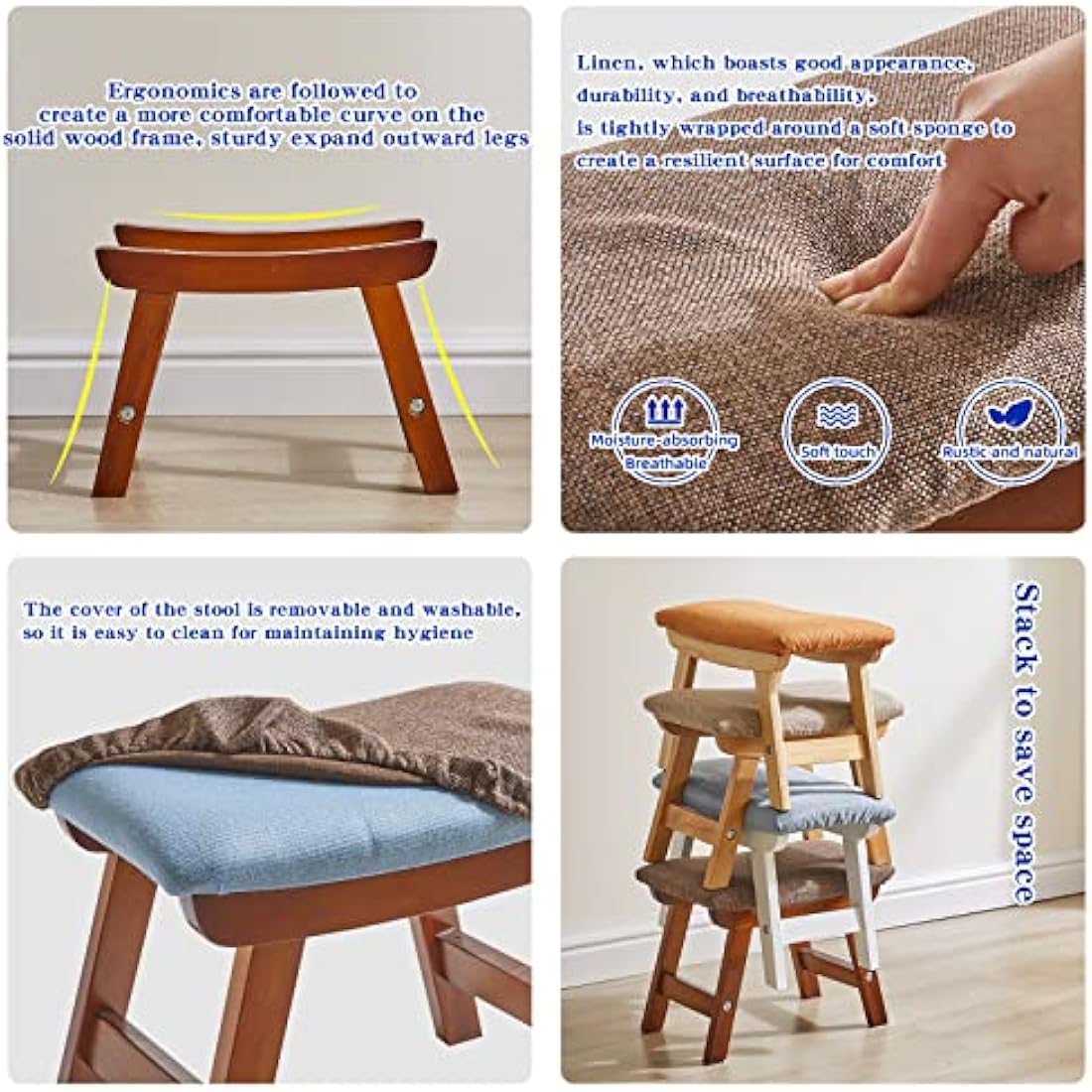 Aibiju Wooden Footstool – Padded Beech Wood Ottoman with Removable Cover