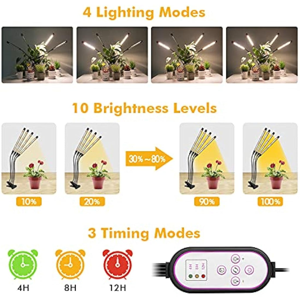 Garpsen Full Spectrum LED Grow Light - 4-Head Plant Lamp with Timer