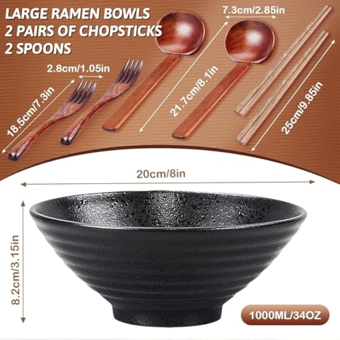 YTLEMON Ceramic Ramen Bowl Set of 2 | 34oz Japanese Noodle Bowls - Black