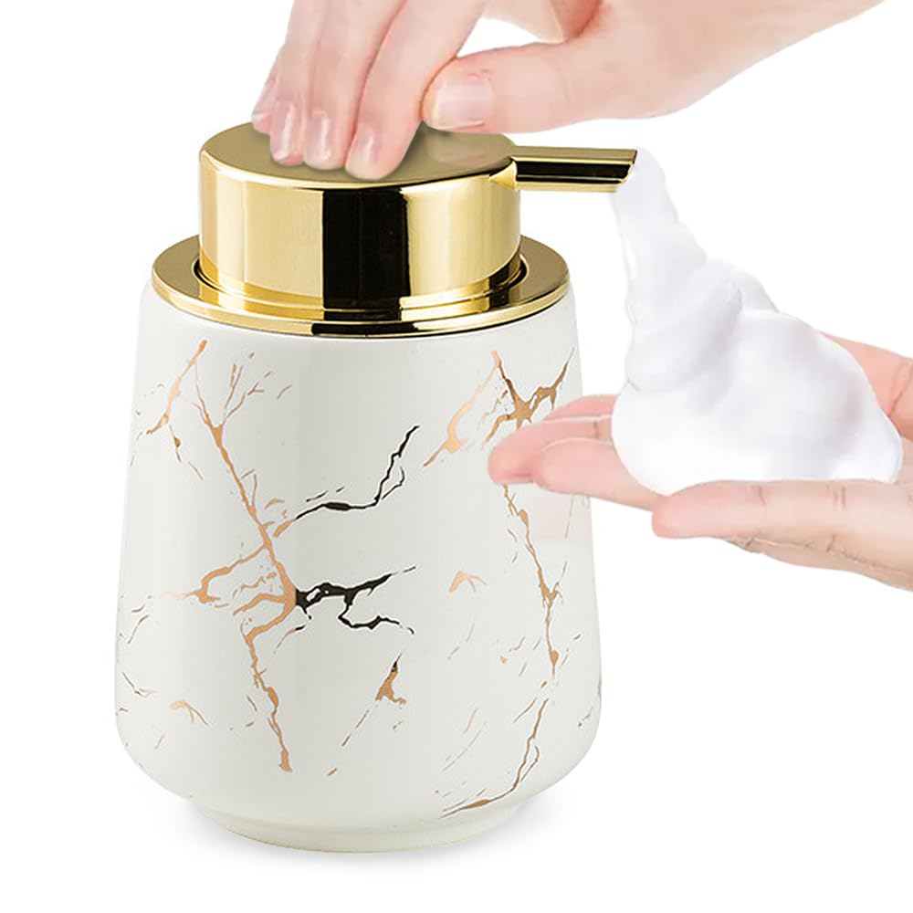 Marble Ceramic Foaming Soap Dispenser with Gold Pump – White