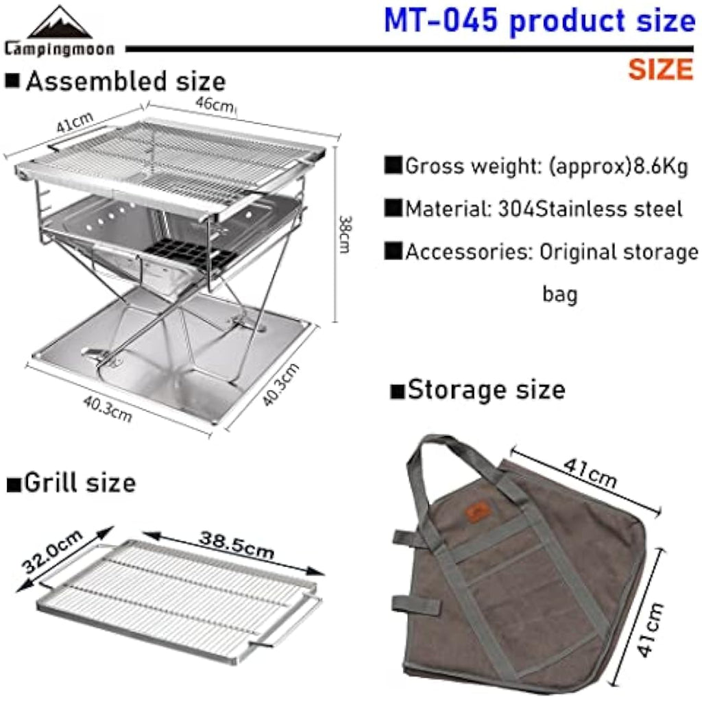 Campingmoon Foldable Stainless Steel BBQ Grill & Fire Pit - Large MT-045