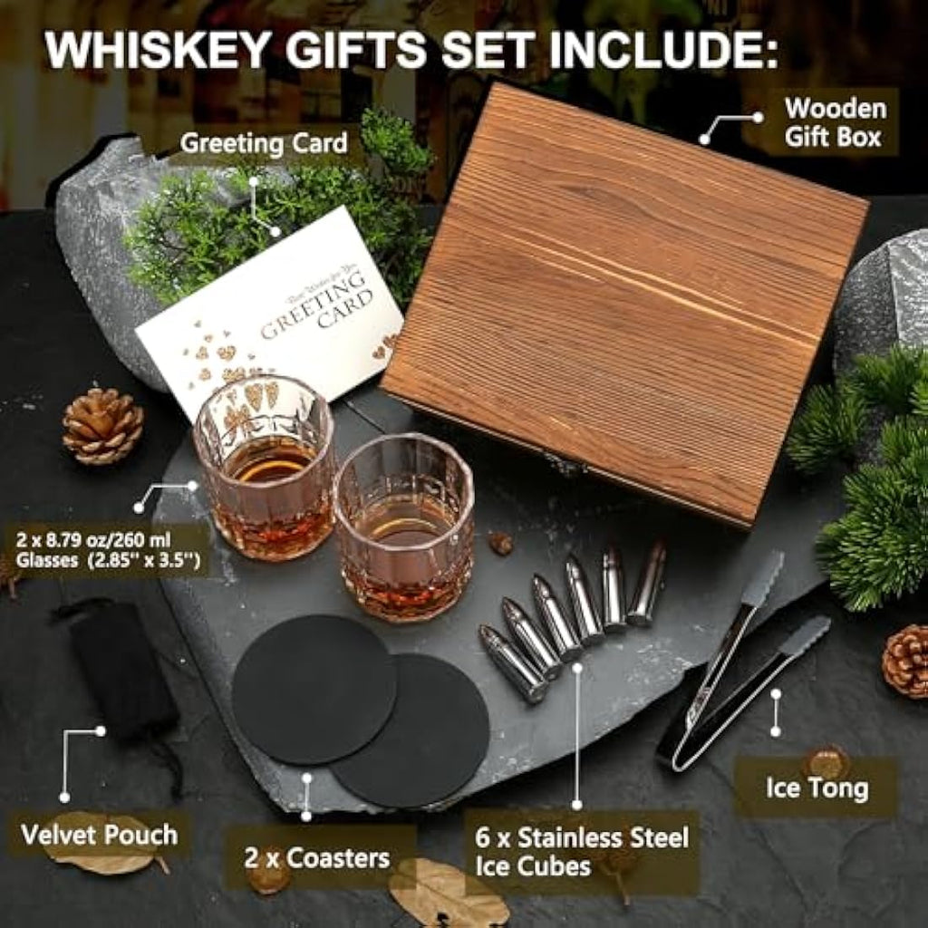 Sovyime Whiskey Gift Set | 2 Glasses & 6 Stainless Steel Stones in Wood Box