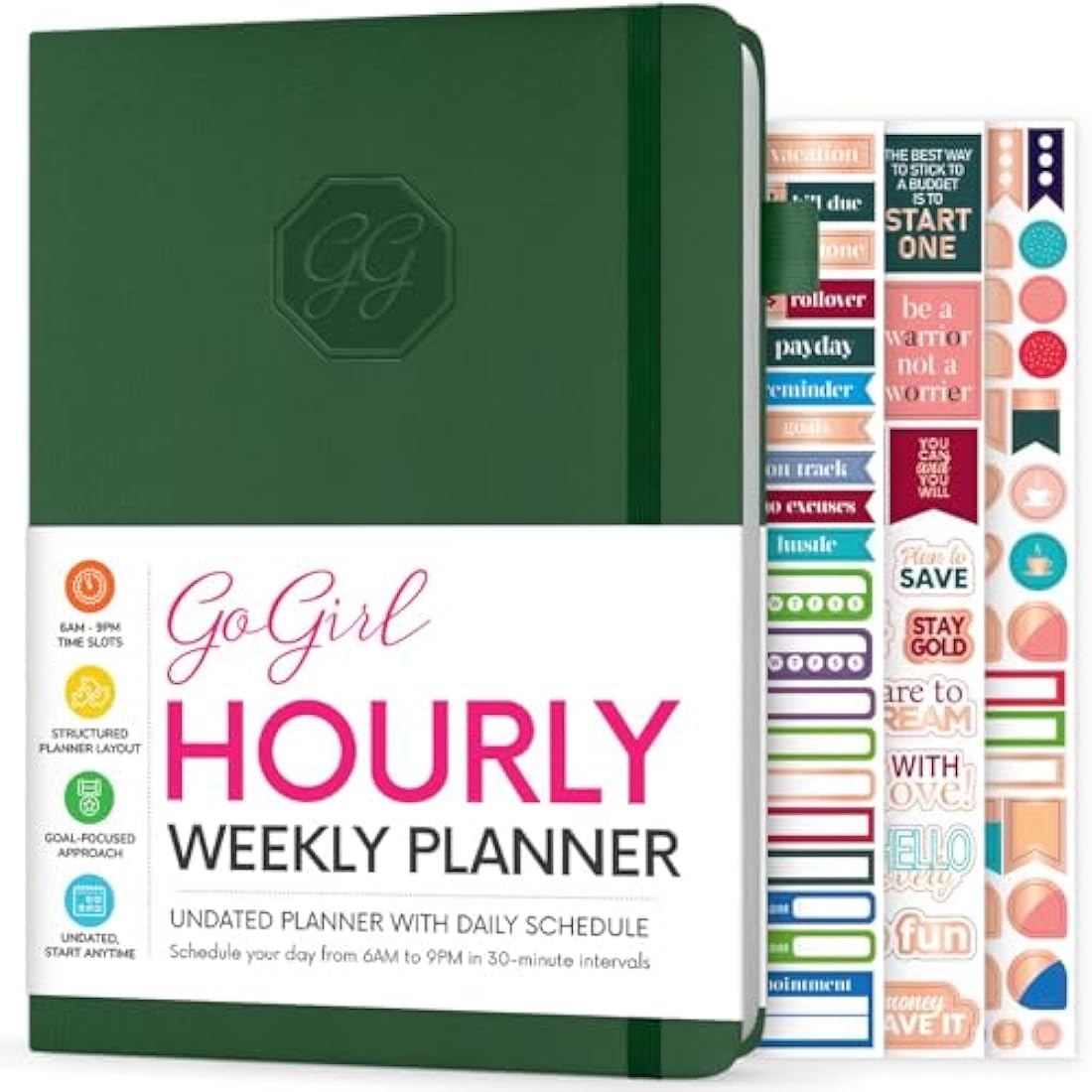 GoGirl Undated Hourly Planner – A5 Forest Green Eco-Leather Agenda