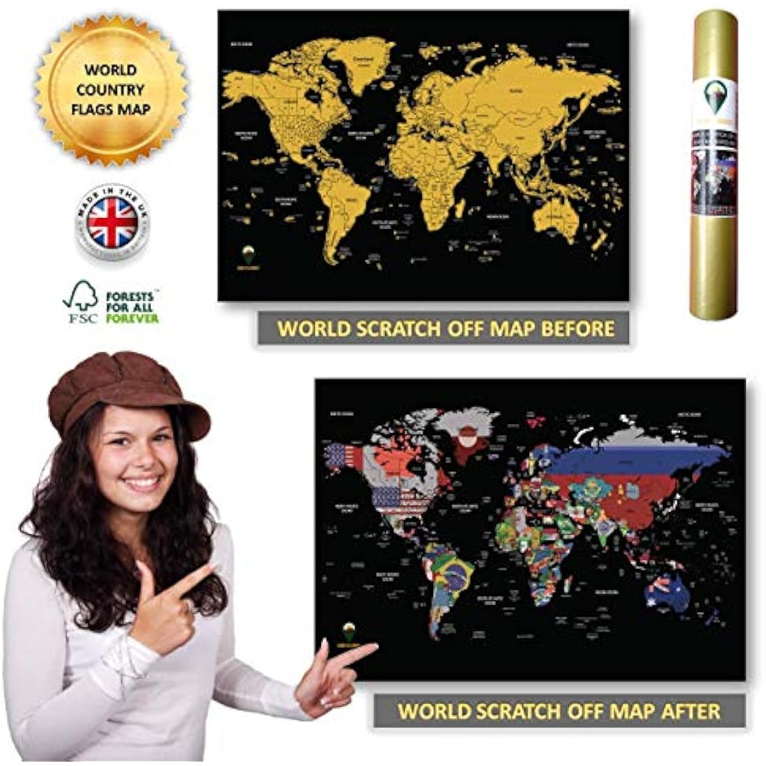 Global Walkabout Scratch Off World Map Poster with Flags - Black A3 Size