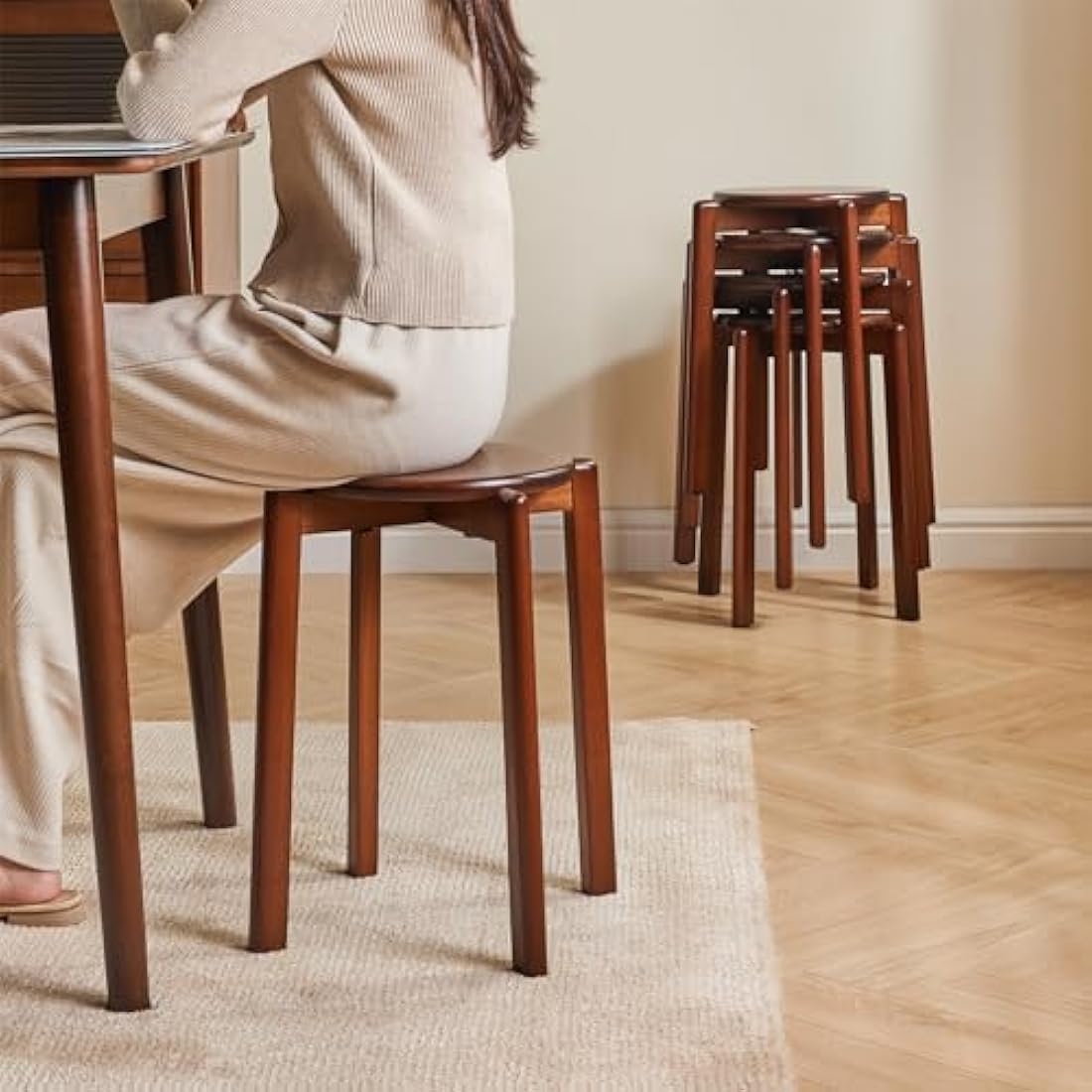 YMYNY Solid Wood Round Stool - 4pcs Stackable Dining Stools, Brown