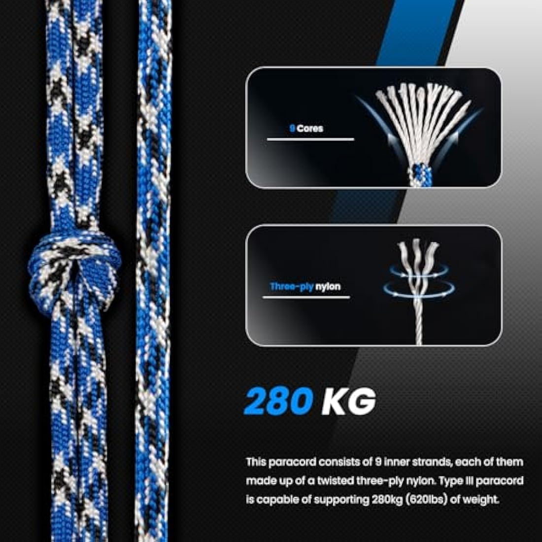 Abma Cord 4mm Type III Nylon Paracord - 100m 9-Strand Rope, Blue Snake