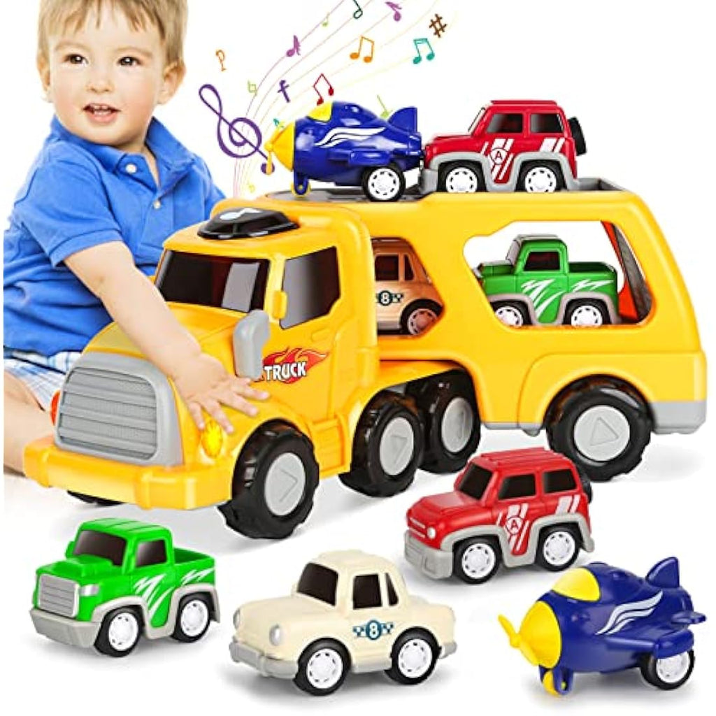 Aoskie Car Transporter Toy Truck with 4 Pull Back Cars for Toddlers