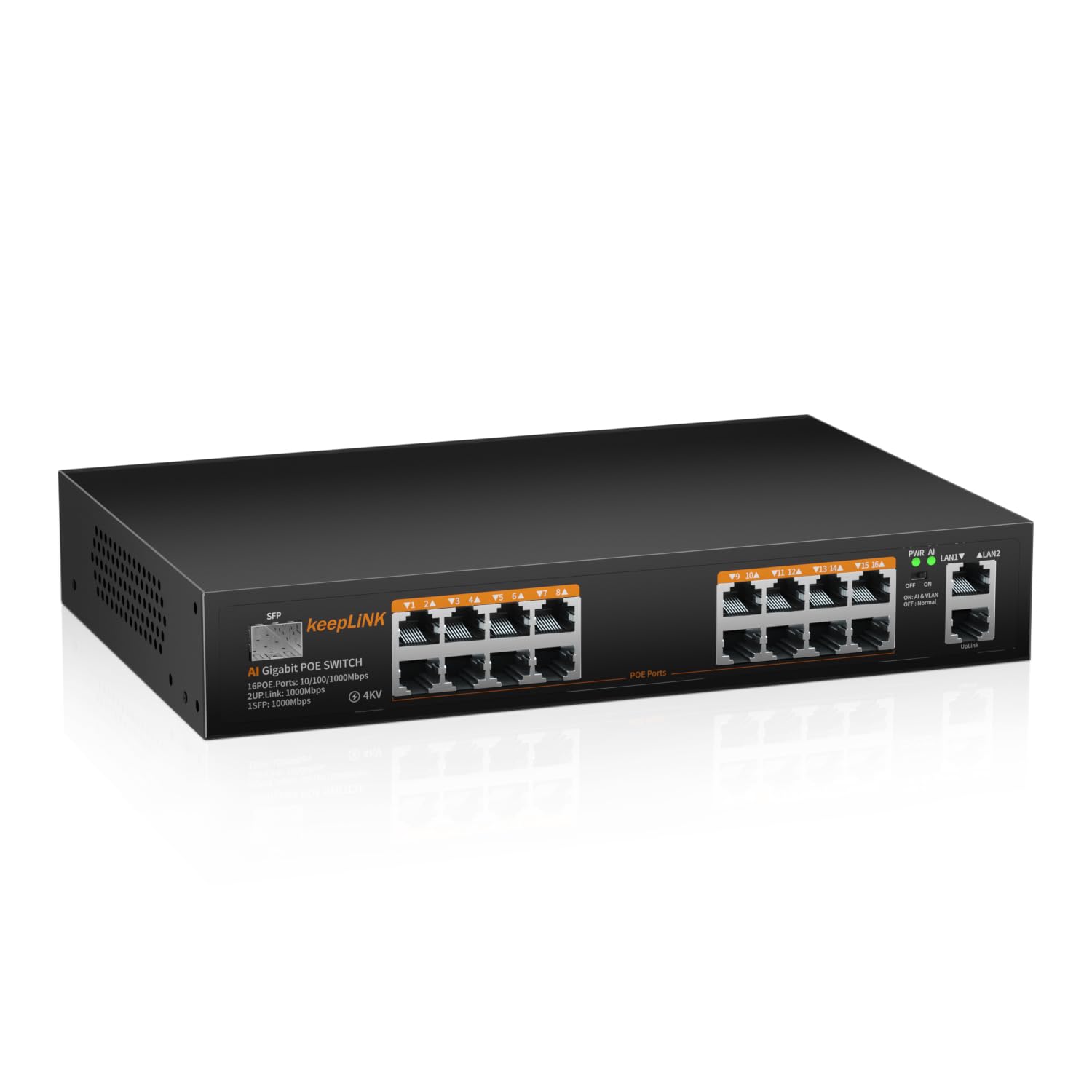 keepLiNK 18 Port Gigabit PoE Switch | 16 PoE+ Ports | 240W Unmanaged