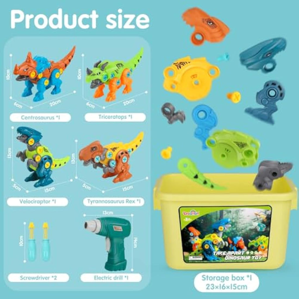 Dreamon Take Apart Dinosaur Toys – 4-Pack STEM Construction Set with Drill
