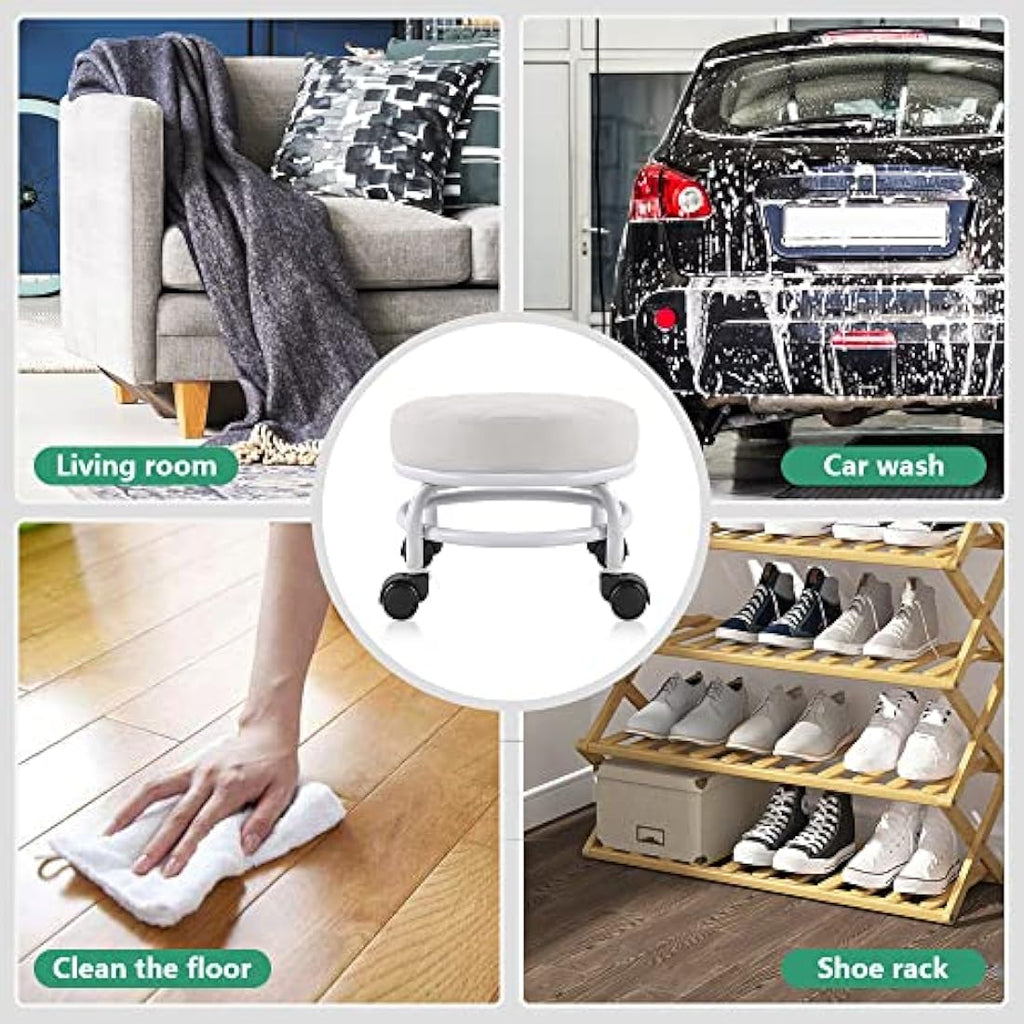 FURWOO Low Rolling Stool - PU Leather Round Swivel Seat with Wheels, White
