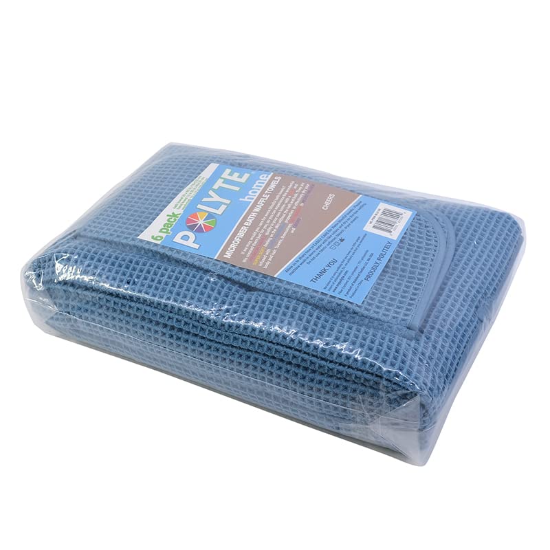 Polyte Microfiber Bath Towel Set - 6 Piece Quick Dry Waffle Weave, Blue