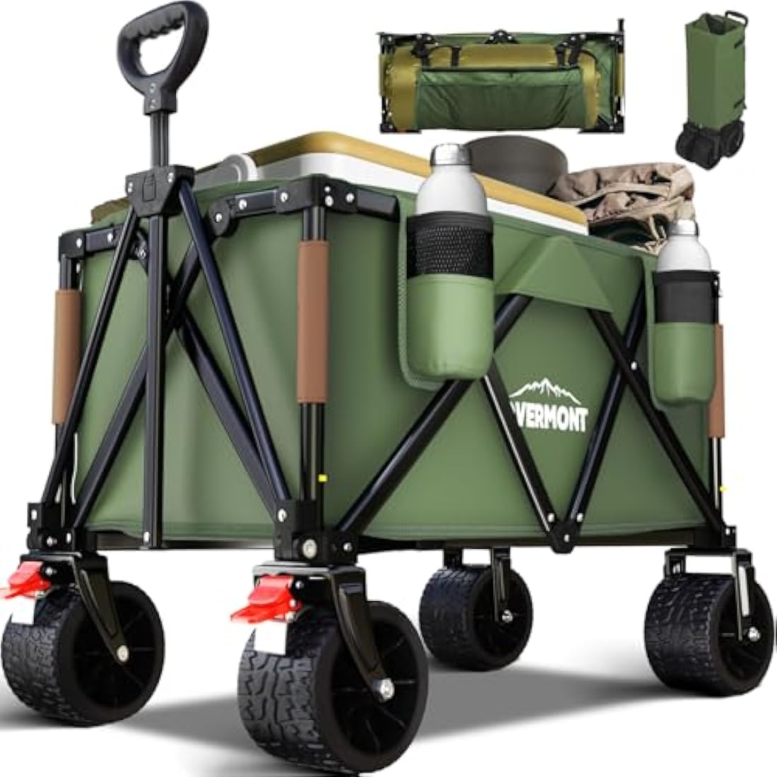 Overmont Heavy Duty Folding Wagon – All-Terrain Beach Trolley, Green