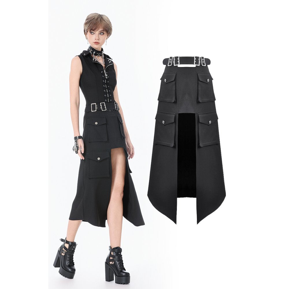 Dark in Love Black Punk Long Skirt – Layered Cutout Belted Gothic Skirt
