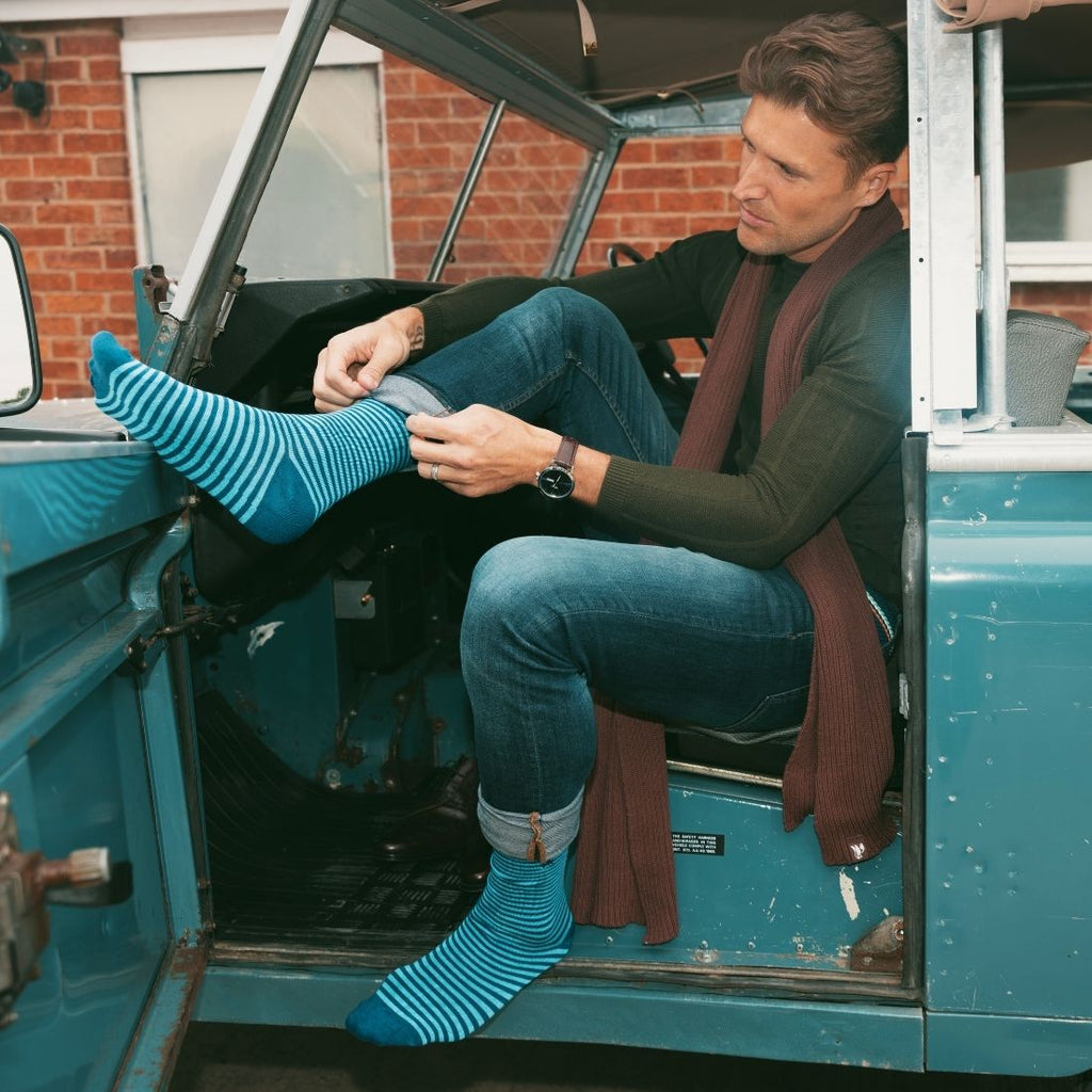 Swole Panda Sky Blue Narrow Striped Bamboo Socks – Soft & Sustainable