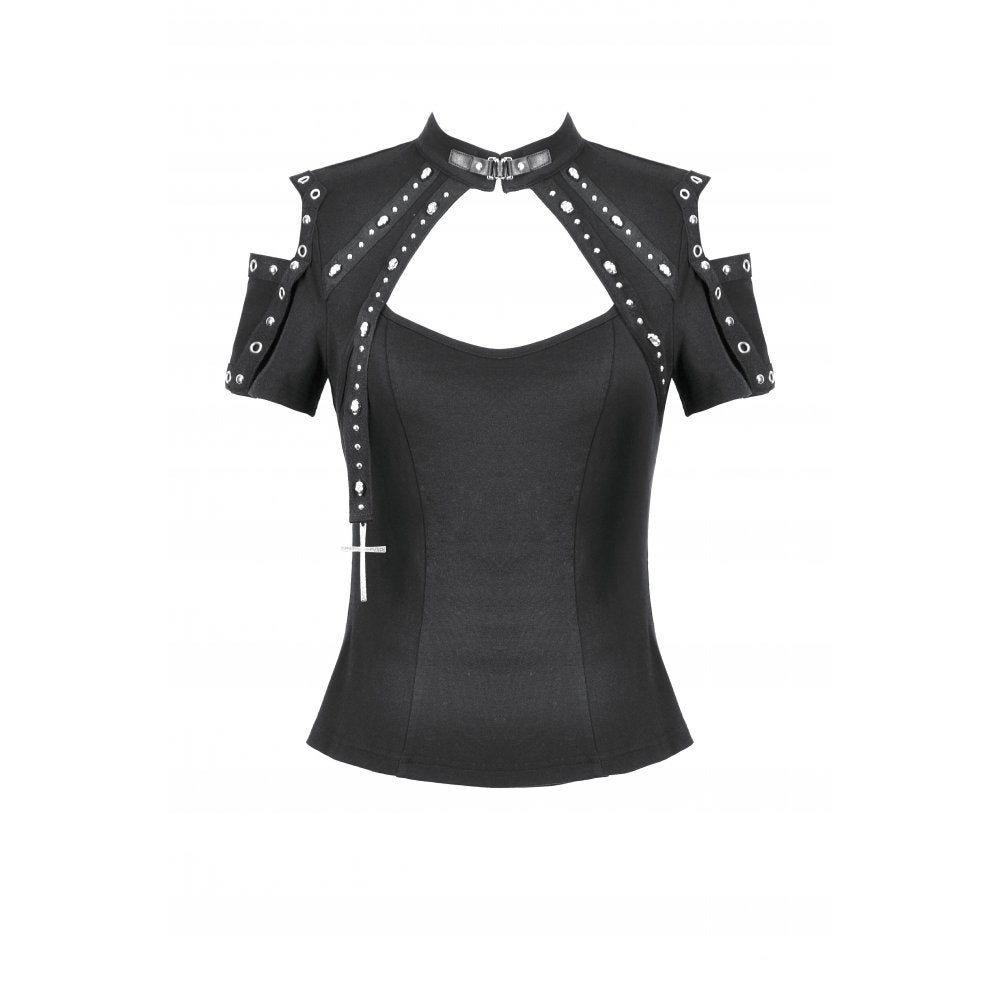 Dark in Love Seraphine Black Lace Off-Shoulder Goth Top with Cross