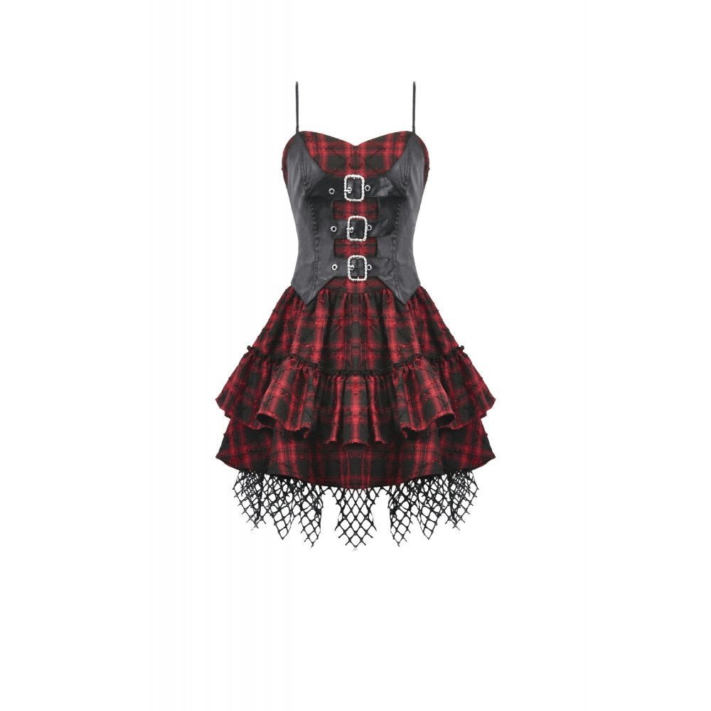 Dark in Love Red Plaid & Faux Leather Layered Punk Sweetcore Dress